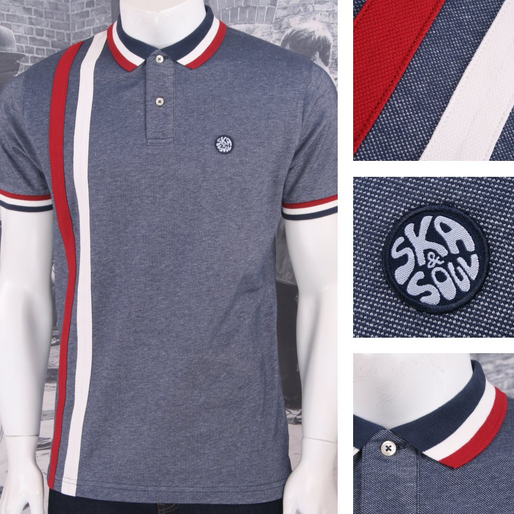 Ska & Soul Mod Retro 60's 2Tone Tonic Racing Stripe Bold Tipped Polo Shirt Navy | Adaptor Clothing